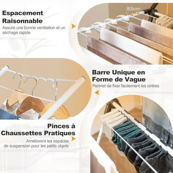 Séchoir à Linge Pliable à 2 Niveaux Ailes Réglables en Hauteur 33 Rails de Séchage et Pinces à Chaussettes Etendoir à Vêtements Autoportant