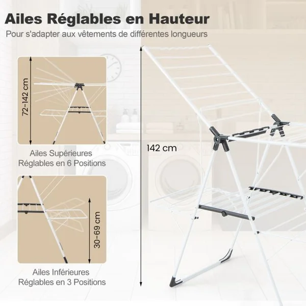 Séchoir à Linge Pliable à 2 Niveaux Ailes Réglables en Hauteur 33 Rails de Séchage et Pinces à Chaussettes Etendoir à Vêtements Autoportant