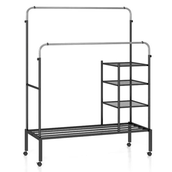 Séchoir à Vêtements Roulant Portant à Double Barres avec Espace à Chaussures Barres de Suspension Réglables en Hauteur Argent/Or