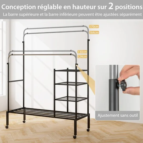 Séchoir à Vêtements Roulant Portant à Double Barres avec Espace à Chaussures Barres de Suspension Réglables en Hauteur Argent/Or