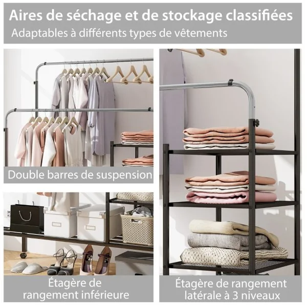 Séchoir à Vêtements Roulant Portant à Double Barres avec Espace à Chaussures Barres de Suspension Réglables en Hauteur Argent/Or