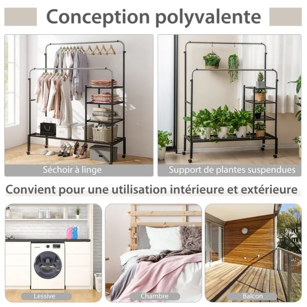 Séchoir à Vêtements Roulant Portant à Double Barres avec Espace à Chaussures Barres de Suspension Réglables en Hauteur Argent/Or