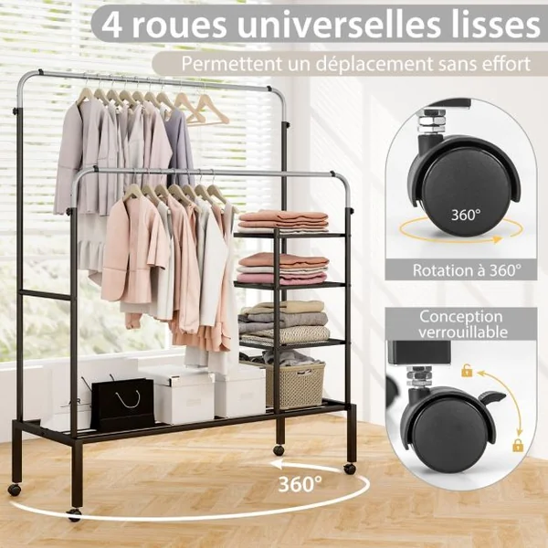 Séchoir à Vêtements Roulant Portant à Double Barres avec Espace à Chaussures Barres de Suspension Réglables en Hauteur Argent/Or