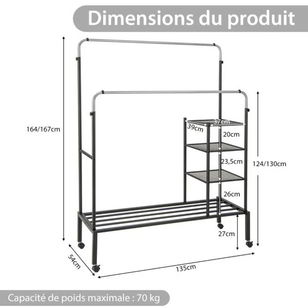 Séchoir à Vêtements Roulant Portant à Double Barres avec Espace à Chaussures Barres de Suspension Réglables en Hauteur Argent/Or