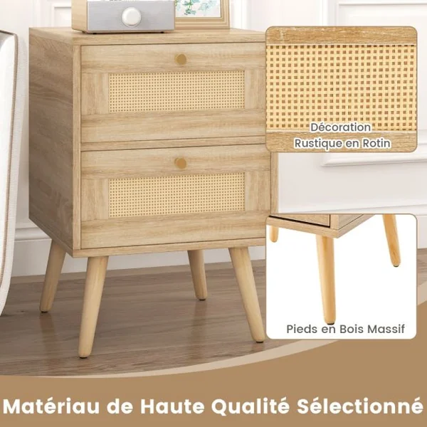 Table/2 Tables de Chevet de en Rotin Table de Nuit Bohème avec 2 Tiroirs de Rangement Table D'appoint Moderne Du Milieu Du Siècle Pieds Naturel