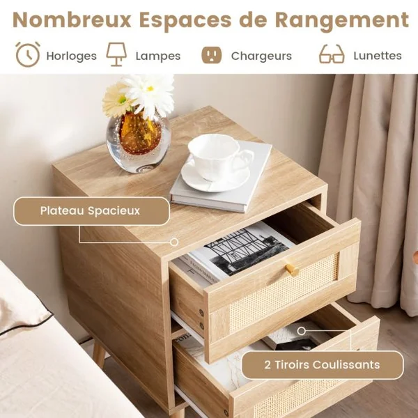 Table/2 Tables de Chevet de en Rotin Table de Nuit Bohème avec 2 Tiroirs de Rangement Table D'appoint Moderne Du Milieu Du Siècle Pieds Naturel