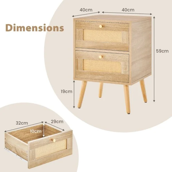 Table/2 Tables de Chevet de en Rotin Table de Nuit Bohème avec 2 Tiroirs de Rangement Table D'appoint Moderne Du Milieu Du Siècle Pieds Naturel