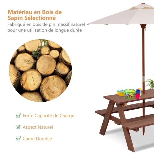 Table avec 2 Bancs et Parasol de Jardin pour Enfant en Sapin Table de Pique-nique pour 4 Enfants Beige + Marron
