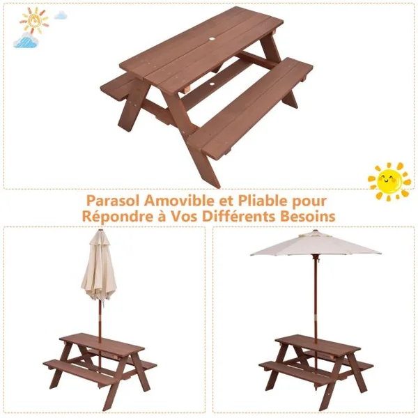 Table avec 2 Bancs et Parasol de Jardin pour Enfant en Sapin Table de Pique-nique pour 4 Enfants Beige + Marron
