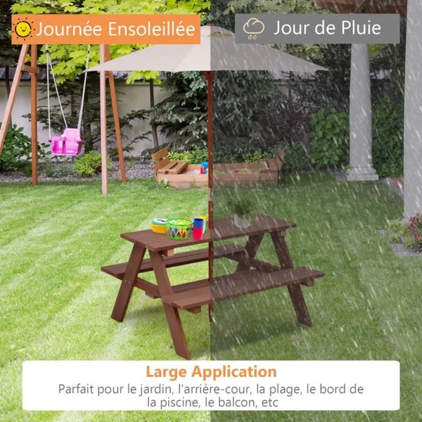 Table avec 2 Bancs et Parasol de Jardin pour Enfant en Sapin Table de Pique-nique pour 4 Enfants Beige + Marron