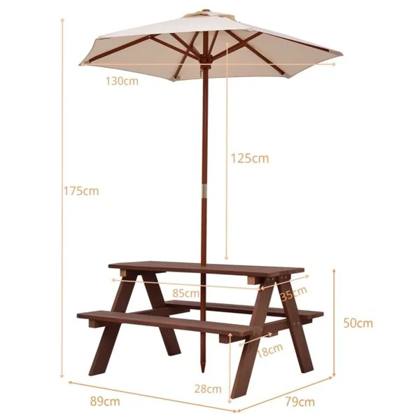 Table avec 2 Bancs et Parasol de Jardin pour Enfant en Sapin Table de Pique-nique pour 4 Enfants Beige + Marron