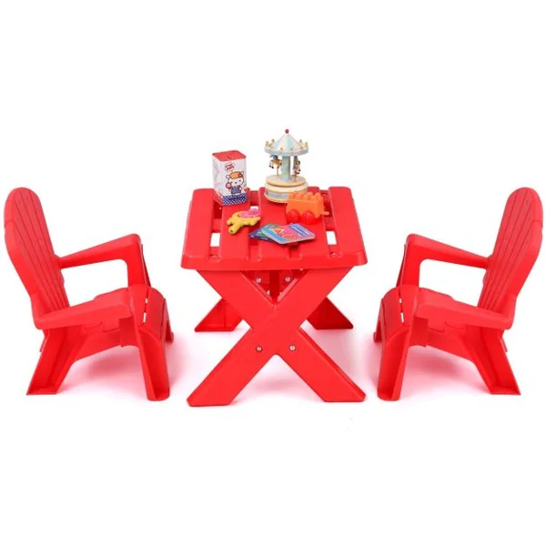 Table avec 2 Chaises Adirondack pour Extérieur Cadre Stable en X Coins Arrondis Charge 30kg pour Enfants de 3-6 Ans Rouge