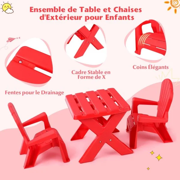 Table avec 2 Chaises Adirondack pour Extérieur Cadre Stable en X Coins Arrondis Charge 30kg pour Enfants de 3-6 Ans Rouge