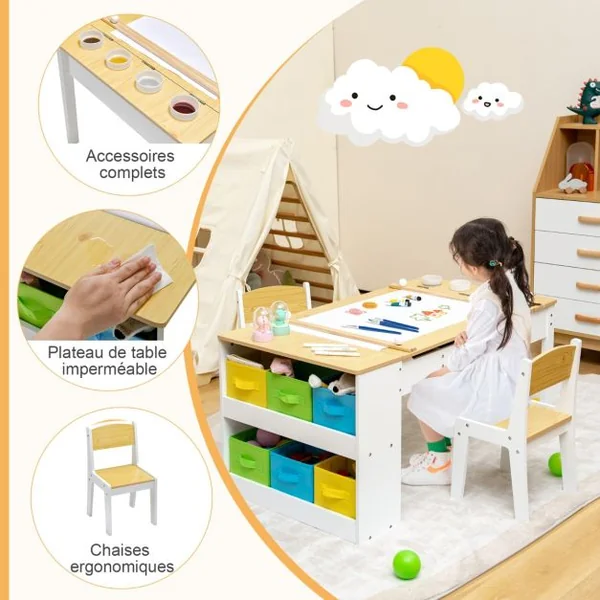 Table avec 2 Chaises pour Enfants Plateau Inclinable 6 Boîtes de Rangement Rouleau de Papier pour Jouer Dessiner Manger