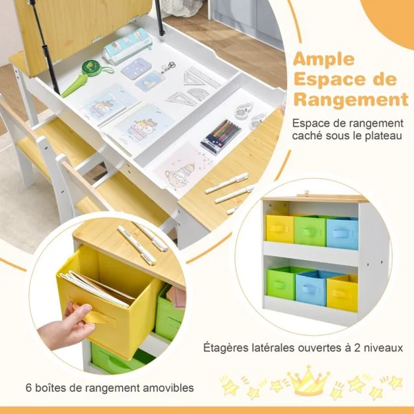Table avec 2 Chaises pour Enfants Plateau Inclinable 6 Boîtes de Rangement Rouleau de Papier pour Jouer Dessiner Manger