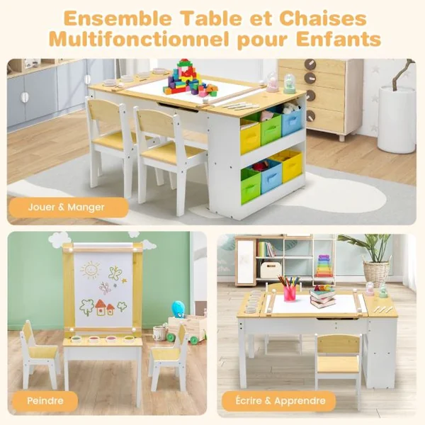 Table avec 2 Chaises pour Enfants Plateau Inclinable 6 Boîtes de Rangement Rouleau de Papier pour Jouer Dessiner Manger