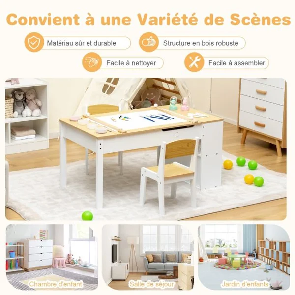 Table avec 2 Chaises pour Enfants Plateau Inclinable 6 Boîtes de Rangement Rouleau de Papier pour Jouer Dessiner Manger