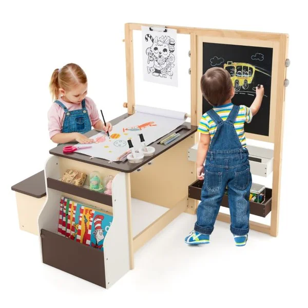 Table avec tabouret Enfant 4 en 1 Table 2 Face ( Blanc&Noir )Rouleau de Papier 11 Accessoires Multi Rangement Café/Gris/Blanc/Argent/Rose