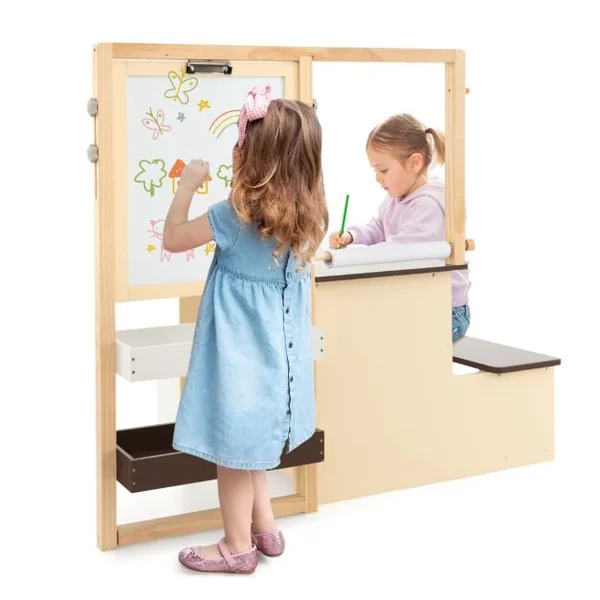 Table avec tabouret Enfant 4 en 1 Table 2 Face ( Blanc&Noir )Rouleau de Papier 11 Accessoires Multi Rangement Café/Gris/Blanc/Argent/Rose