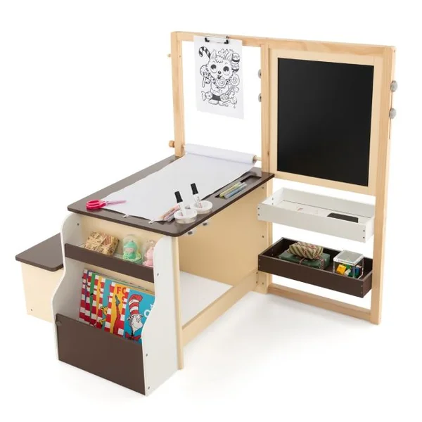 Table avec tabouret Enfant 4 en 1 Table 2 Face ( Blanc&Noir )Rouleau de Papier 11 Accessoires Multi Rangement Café/Gris/Blanc/Argent/Rose