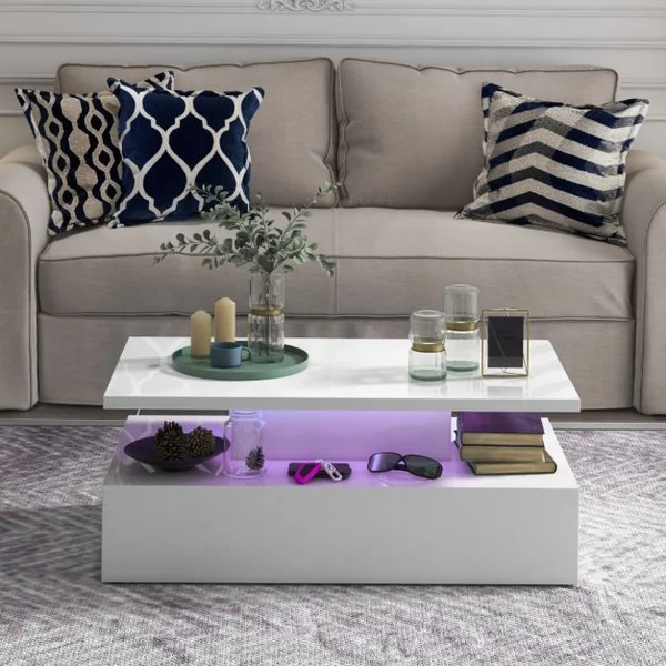 Table Basse 2 Niveaux avec lumières LED 20 Couleurs 110x60x40CM Table de Salon Contemporain avec Télécommande Noir Brillant/Blanc