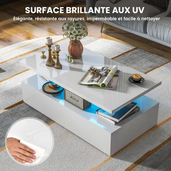Table Basse 2 Niveaux avec lumières LED 20 Couleurs 110x60x40CM Table de Salon Contemporain avec Télécommande Noir Brillant/Blanc