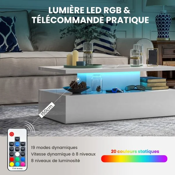 Table Basse 2 Niveaux avec lumières LED 20 Couleurs 110x60x40CM Table de Salon Contemporain avec Télécommande Noir Brillant/Blanc