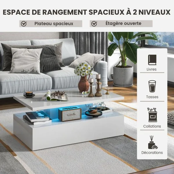 Table Basse 2 Niveaux avec lumières LED 20 Couleurs 110x60x40CM Table de Salon Contemporain avec Télécommande Noir Brillant/Blanc