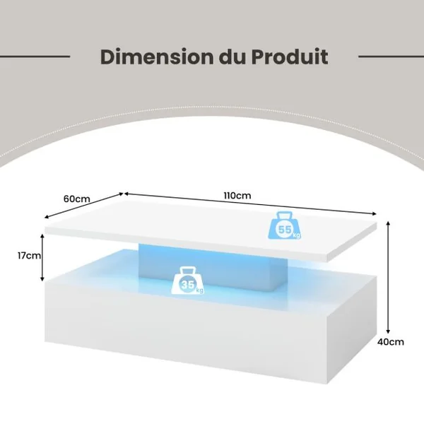 Table Basse 2 Niveaux avec lumières LED 20 Couleurs 110x60x40CM Table de Salon Contemporain avec Télécommande Noir Brillant/Blanc