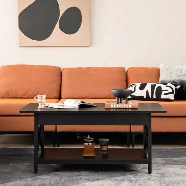 Table Basse 2 Niveaux avec Étagère Bois Cadre Métallique en Forme X Pieds Réglables Style Industrielle 110 x 60 x 48 cm Noir