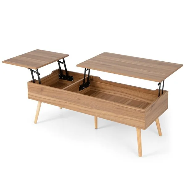 Table Basse avec 2 Plateaux Relevables 110 x 49 x 42 CM avec 2 Compartiments Cachés et 5 Pieds en Bois Massif Capacité de 106 kg Marron