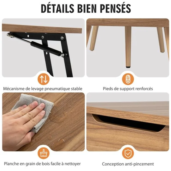 Table Basse avec 2 Plateaux Relevables 110 x 49 x 42 CM avec 2 Compartiments Cachés et 5 Pieds en Bois Massif Capacité de 106 kg Marron