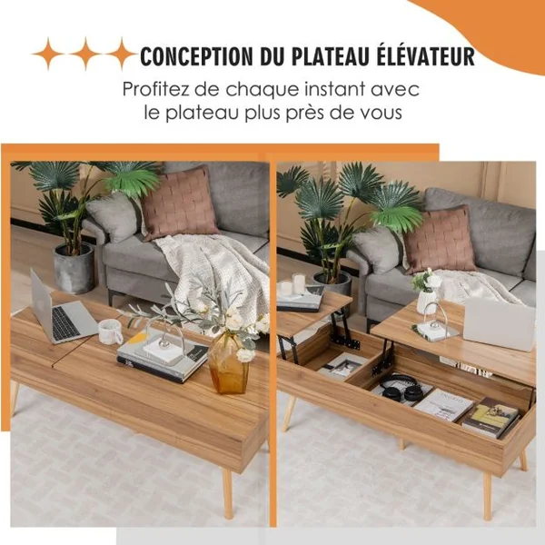 Table Basse avec 2 Plateaux Relevables 110 x 49 x 42 CM avec 2 Compartiments Cachés et 5 Pieds en Bois Massif Capacité de 106 kg Marron
