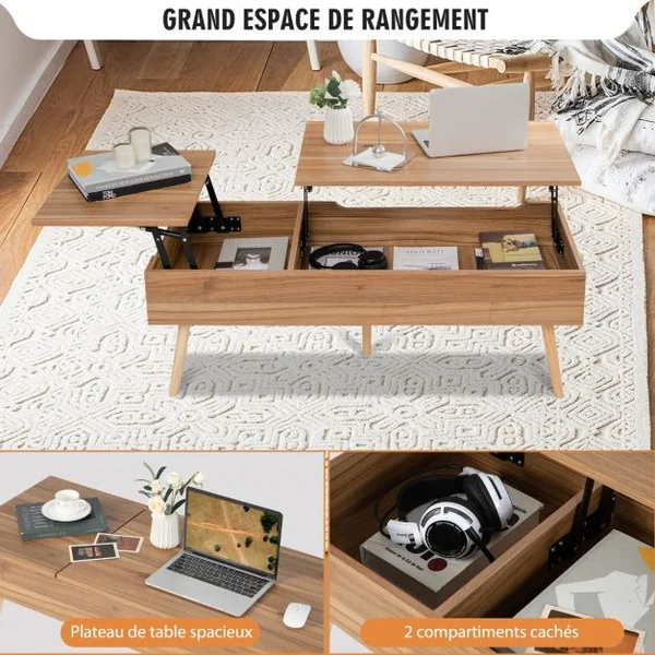 Table Basse avec 2 Plateaux Relevables 110 x 49 x 42 CM avec 2 Compartiments Cachés et 5 Pieds en Bois Massif Capacité de 106 kg Marron