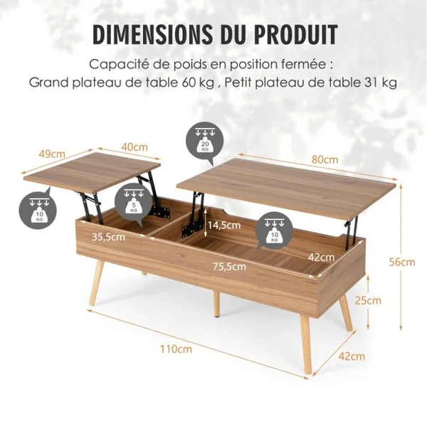 Table Basse avec 2 Plateaux Relevables 110 x 49 x 42 CM avec 2 Compartiments Cachés et 5 Pieds en Bois Massif Capacité de 106 kg Marron