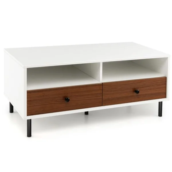 Table Basse avec 2 Tiroirs et 2 Etagères de Rangement Table Basse en Bois Table d'Appoint Rectangulaire Multifonctionnelle Blanc