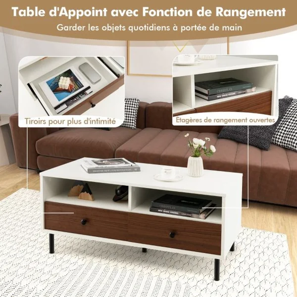Table Basse avec 2 Tiroirs et 2 Etagères de Rangement Table Basse en Bois Table d'Appoint Rectangulaire Multifonctionnelle Blanc