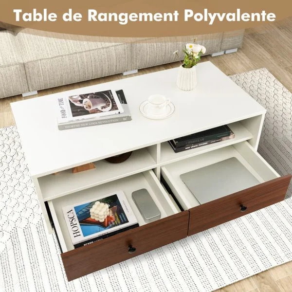 Table Basse avec 2 Tiroirs et 2 Etagères de Rangement Table Basse en Bois Table d'Appoint Rectangulaire Multifonctionnelle Blanc