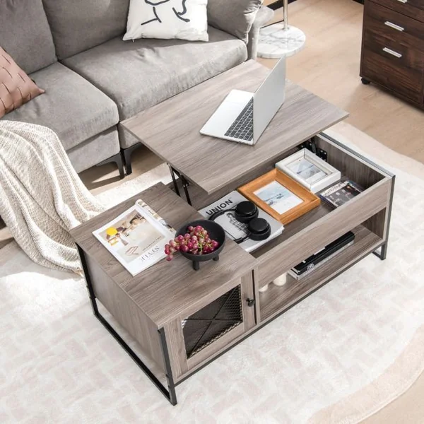 Table Basse avec Plateau Élévateur Pneumatique Compartiments Ouverts et 2 Casiers Conception à 2 Porte 104 x 52,5 x 58 cm