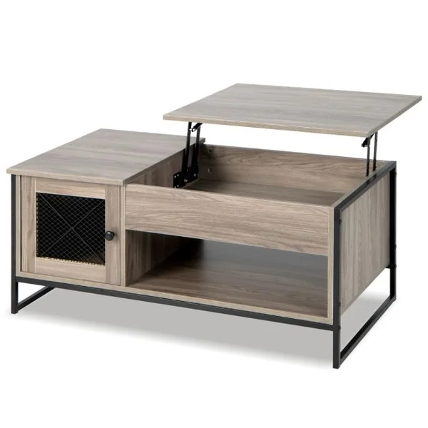 Table Basse avec Plateau Élévateur Pneumatique Compartiments Ouverts et 2 Casiers Conception à 2 Porte 104 x 52,5 x 58 cm