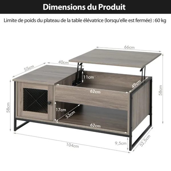 Table Basse avec Plateau Élévateur Pneumatique Compartiments Ouverts et 2 Casiers Conception à 2 Porte 104 x 52,5 x 58 cm