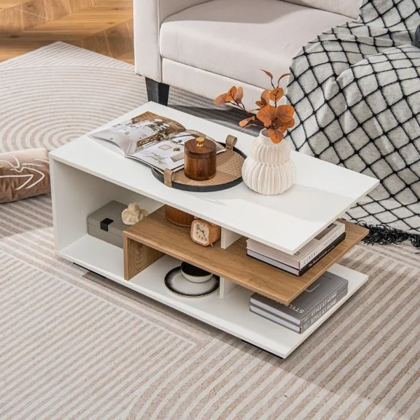Table Basse avec Rangement Table Centrale avec Etagère Centrale en ‘L’ Table Géométrique à 3 Niveaux Naturel et Blanc/Marron Rustique