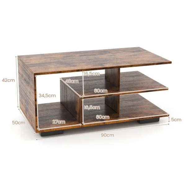 Table Basse avec Rangement Table Centrale avec Etagère Centrale en ‘L’ Table Géométrique à 3 Niveaux Naturel et Blanc/Marron Rustique