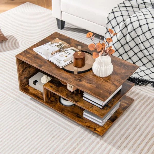 Table Basse avec Rangement Table Centrale avec Etagère Centrale en ‘L’ Table Géométrique à 3 Niveaux Naturel et Blanc/Marron Rustique
