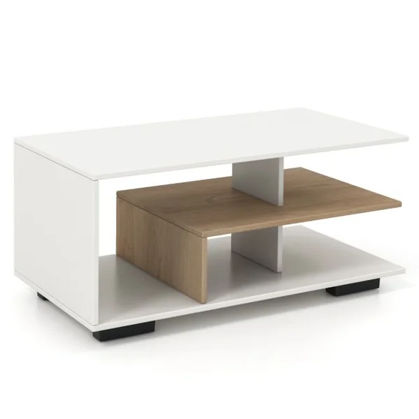 Table Basse avec Rangement Table Centrale avec Etagère Centrale en ‘L’ Table Géométrique à 3 Niveaux Naturel et Blanc/Marron Rustique
