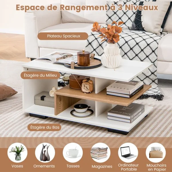 Table Basse avec Rangement Table Centrale avec Etagère Centrale en ‘L’ Table Géométrique à 3 Niveaux Naturel et Blanc/Marron Rustique