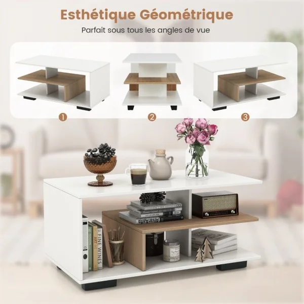 Table Basse avec Rangement Table Centrale avec Etagère Centrale en ‘L’ Table Géométrique à 3 Niveaux Naturel et Blanc/Marron Rustique