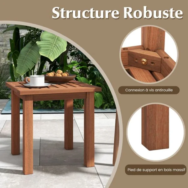 Table Basse Carrée en Bois Charge 33KG Plateau à Lattes Résistant aux Intempéries Table d'Appoint Intérieure Extérieure