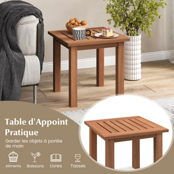 Table Basse Carrée en Bois Charge 33KG Plateau à Lattes Résistant aux Intempéries Table d'Appoint Intérieure Extérieure