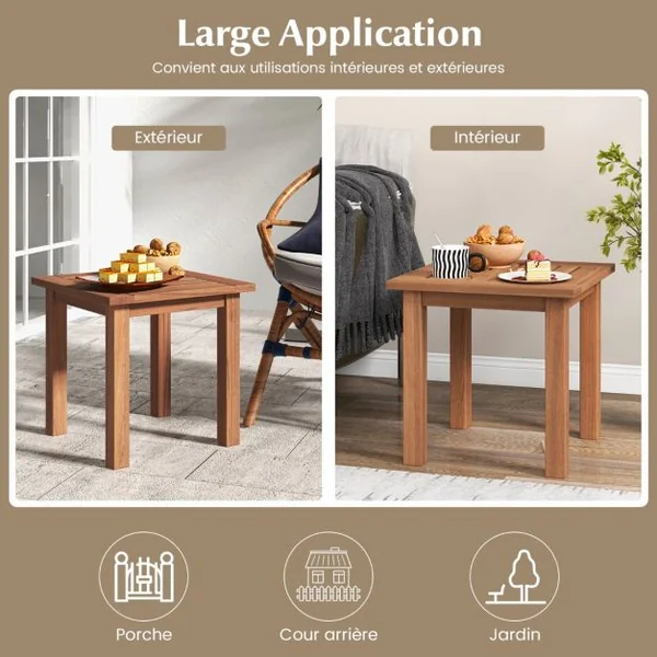Table Basse Carrée en Bois Charge 33KG Plateau à Lattes Résistant aux Intempéries Table d'Appoint Intérieure Extérieure